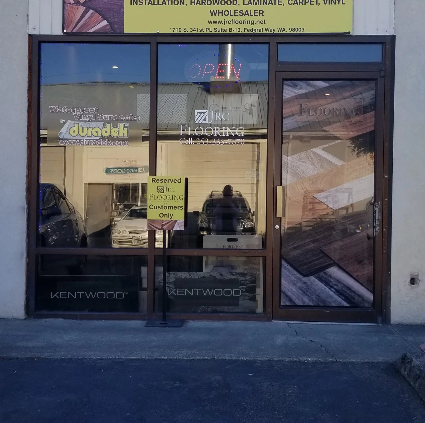 JRC Flooring storefront entrance in Federal Way.