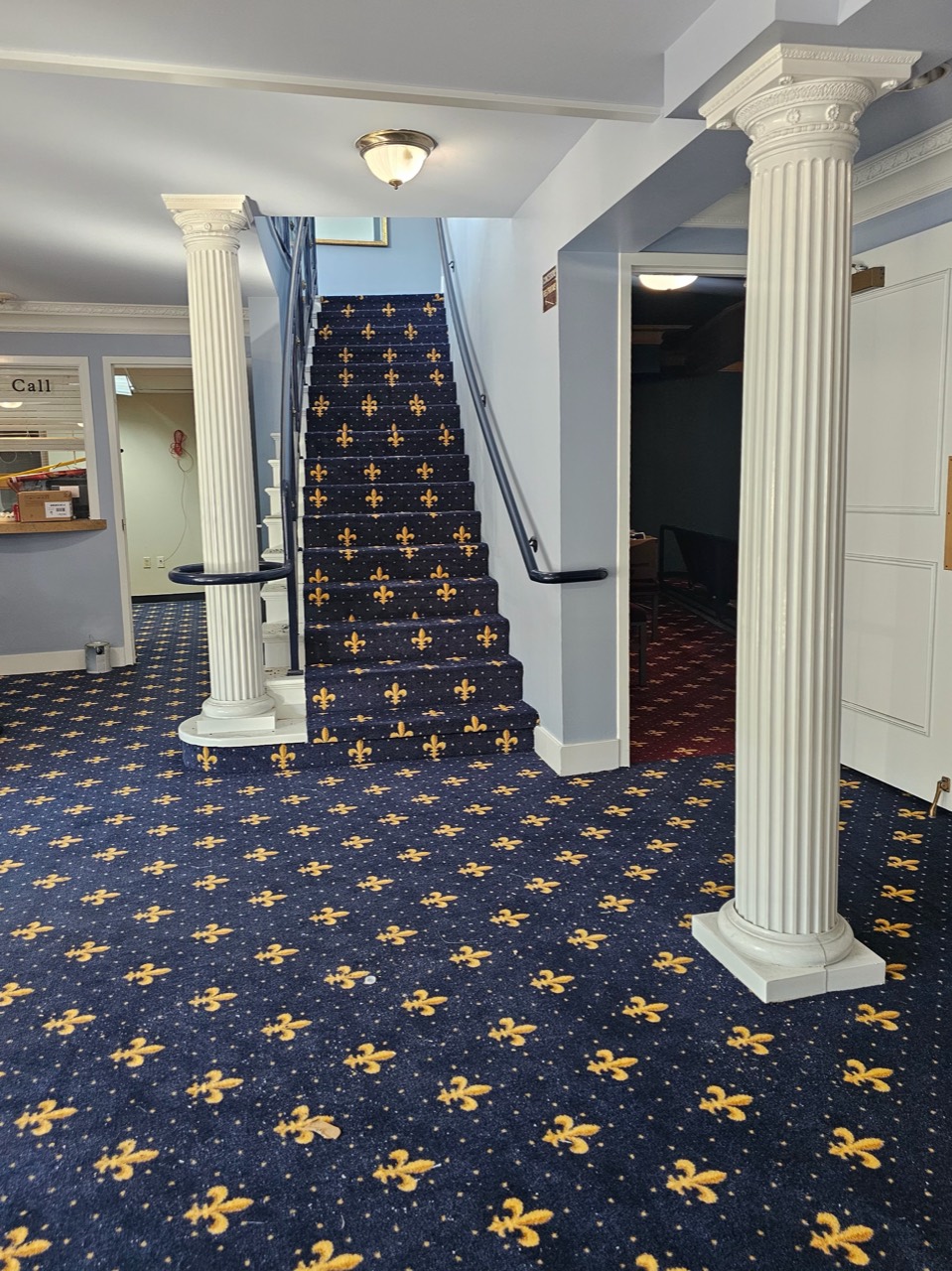 JRC carpet installation on a staircase with matching patterned flooring.